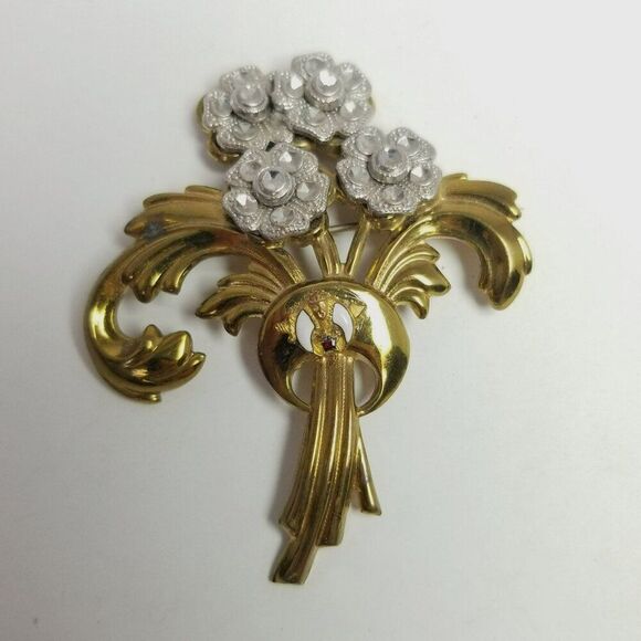 Vintage Brass & Cut Steel Floral Spray Brooch, Gold Tone Masonic Emblem Center - Picture 2 of 6